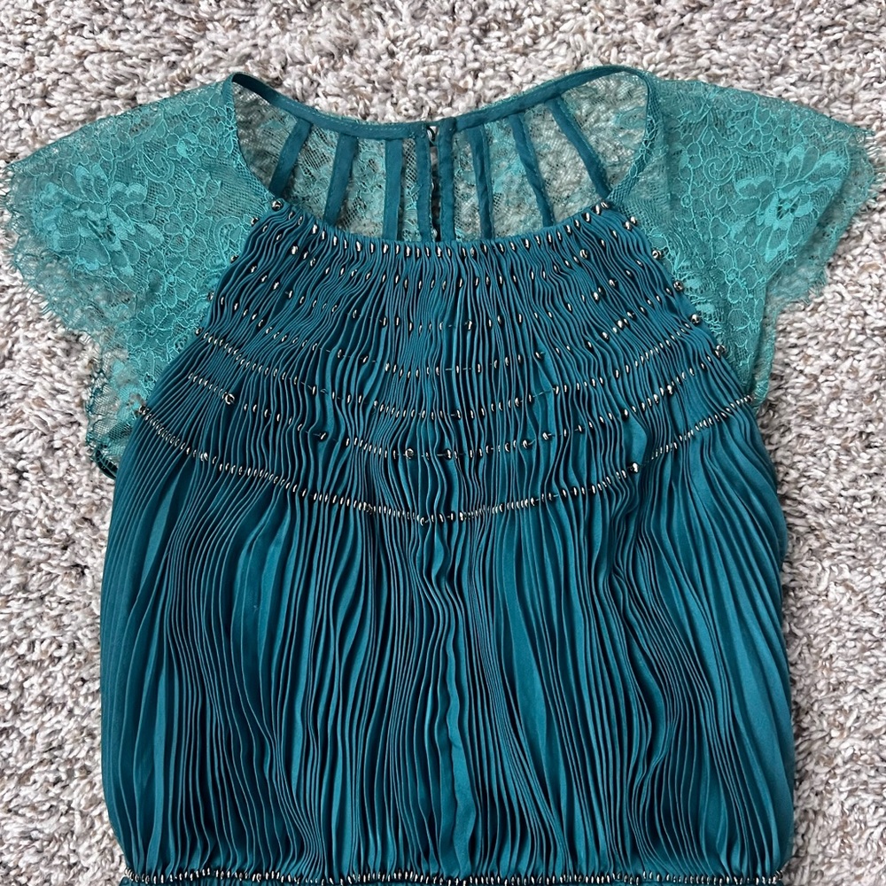 Catherine Deane Emerald Lace Back Pleated Gown